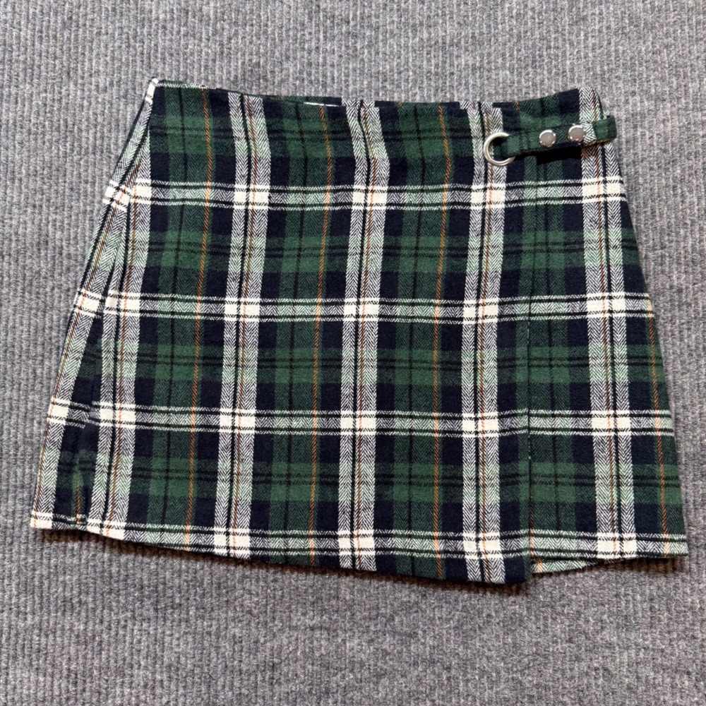 Blue Rain Francesca'sโ Womens L Green Plaid Faux Wrap Mini Skirt Buckle Preppy